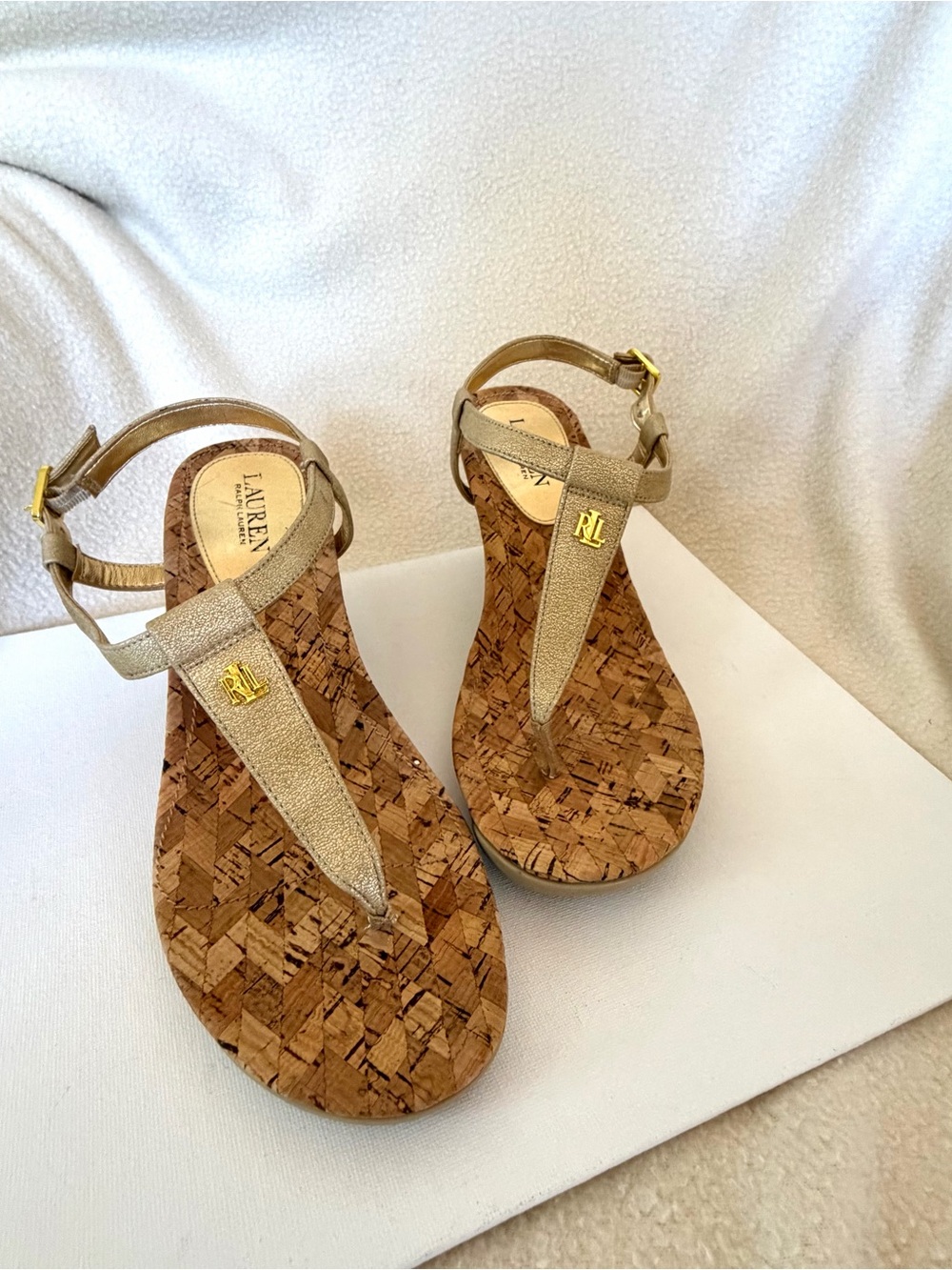 Lauren Ralph Lauren Gold T-Strap Cork Sandals